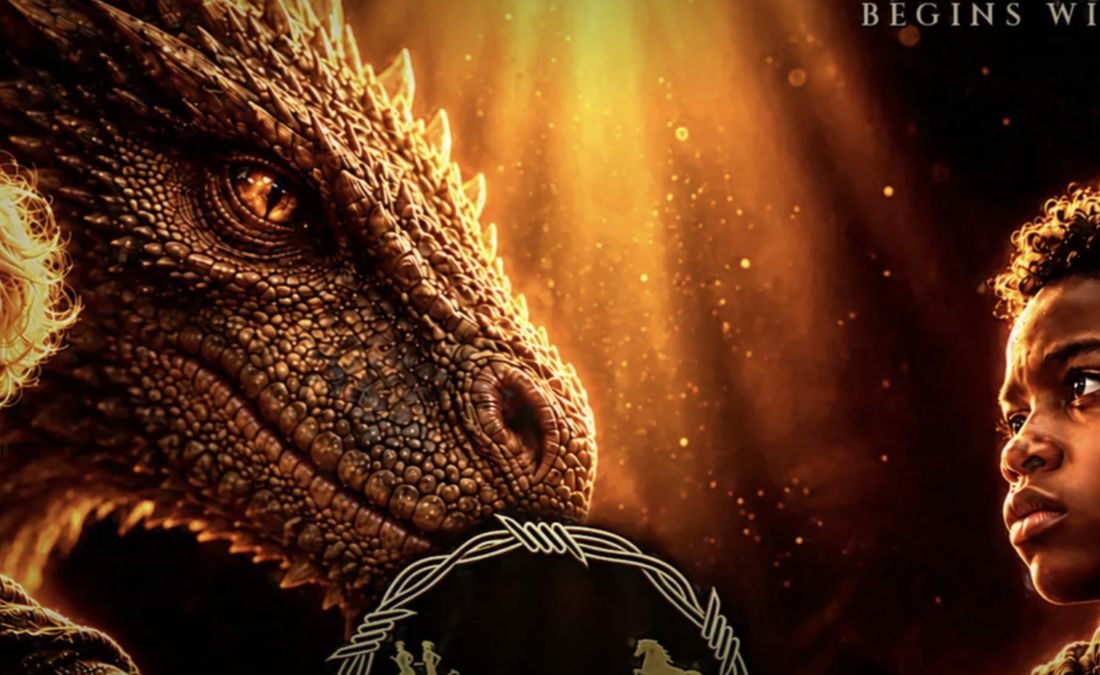 Key art for The Black Child: a golden dragon faces a young boy beneath falling embers
